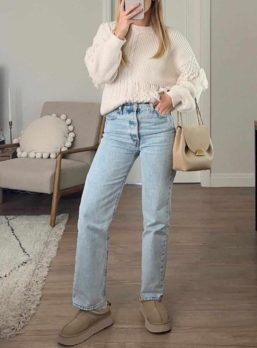 Mom Jeans with Uggs and a Cozy Knit