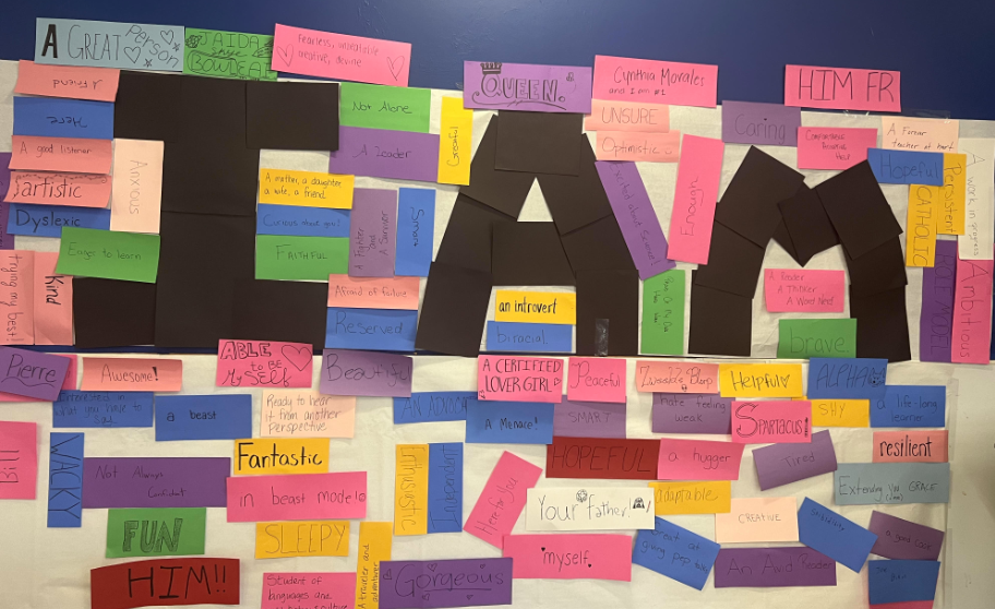 image of colorful descriptives on the wall with text of I AM in front