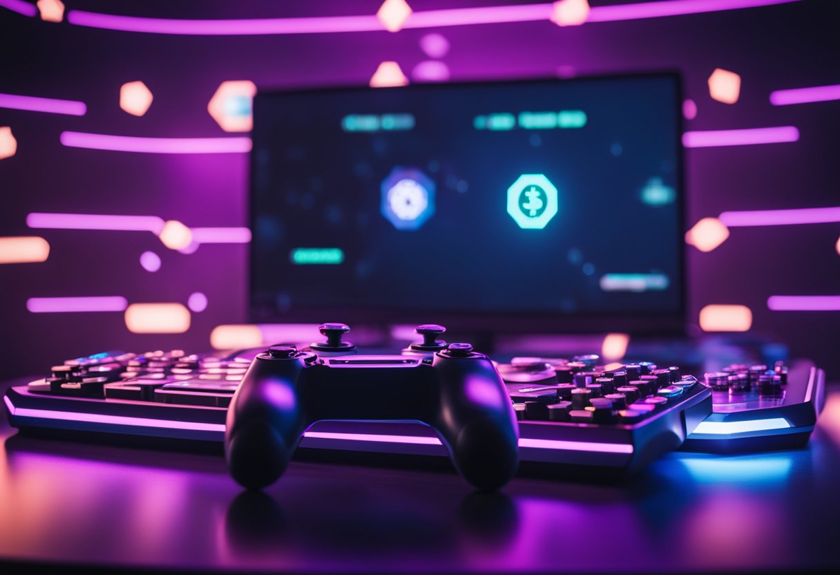A futuristic gaming console surrounded by glowing virtual currency symbols, with a digital mining rig in the background