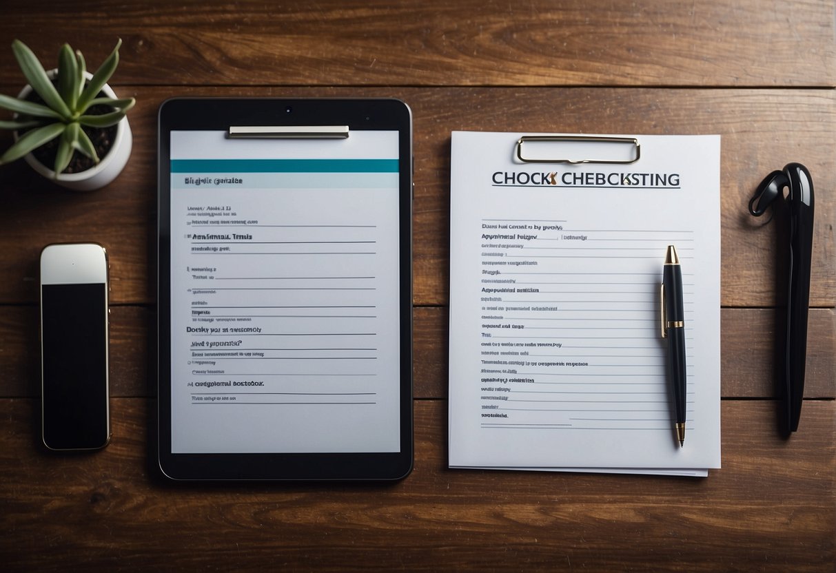 A checklist laid out on a table with a pen ready to be used, a stack of papers, and a phone with notifications of offers and negotiations