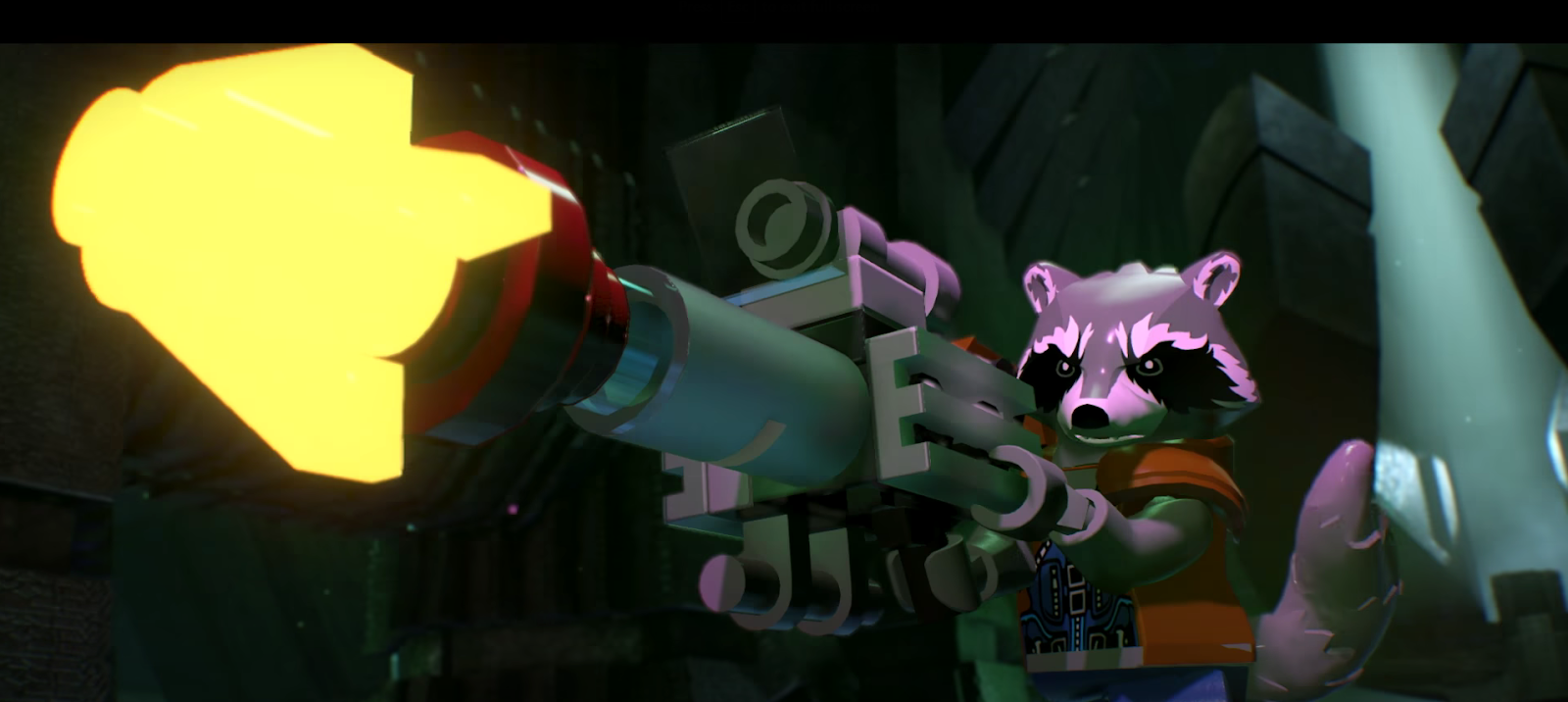 A trailer screenshot of Rocket Raccoon from Lego Marvel Superheroes 2. 