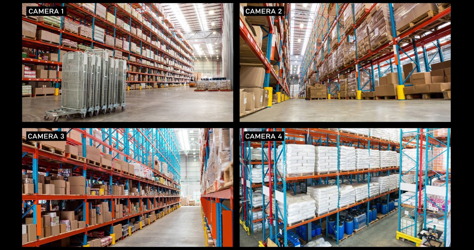 Four-grid surveillance camera display of various warehouse sections for security monitoring.