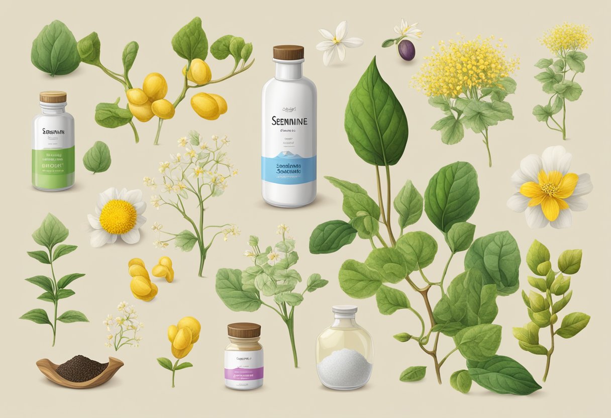 A table with various natural ingredients like L-Arginine, Swedish Flower Pollen, and Epimedium Sagittatum, alongside a bottle labeled "Semenax."