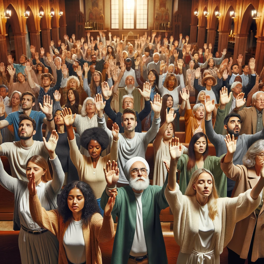 A diverse group of people in a church or worship setting with their hands raised towards the sky, symbolizing agreement and unity in prayer, often concluded with "Amen."