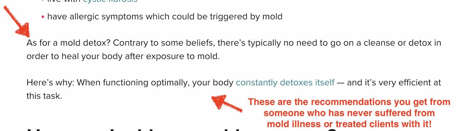 Screenshot of an expert who doesn't understand mycotoxin toxiicty or what mold detox symptoms are. 