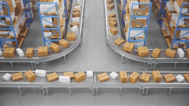 Packages delivery, parcels transportation system concept, cardboard boxes on conveyor belt in warehouse. Warehouse with cardboard boxes inside on pallets racks. Huge modern warehouse, 3D Illustration Packages delivery, parcels transportation system concept, cardboard boxes on conveyor belt in warehouse. Warehouse with cardboard boxes inside on pallets racks. Huge modern warehouse. 3D Illustration belt conveyoras stock pictures, royalty-free photos & images