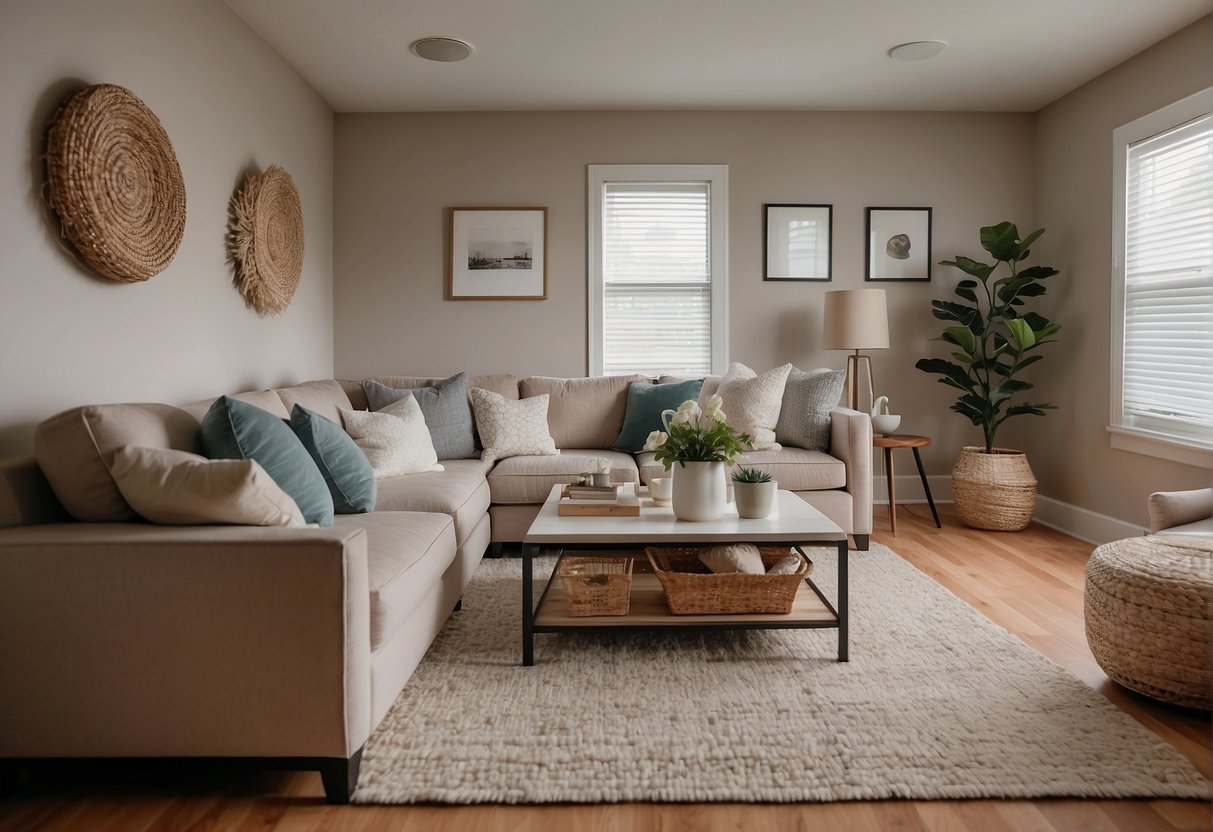 A tidy, decluttered living room with freshly painted walls and bright, natural lighting. A neatly made bed, clean countertops, and organized closets complete the scene