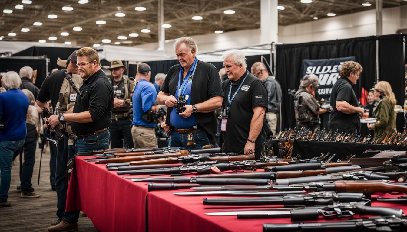 An exhibitor showcases firearms and knives at a gun and knife show.