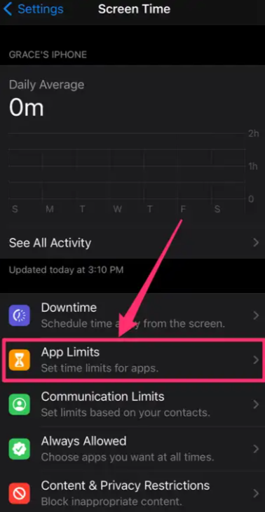 You will see a Screen Time Menu where you will have to select App Limits