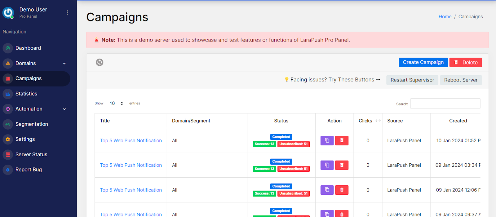 Image showing LaraPush dashboard 