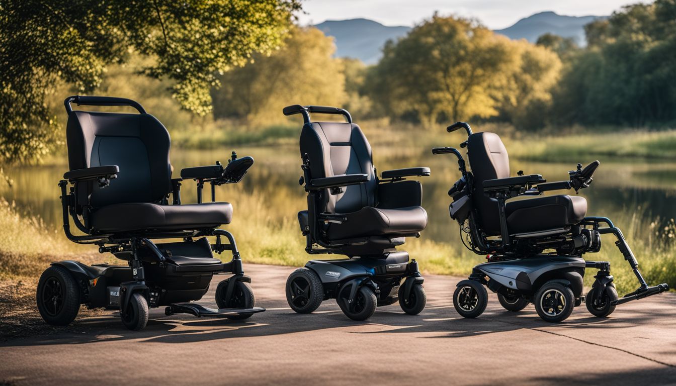 Two electric wheelchairs parked side by side in a scenic outdoor setting.