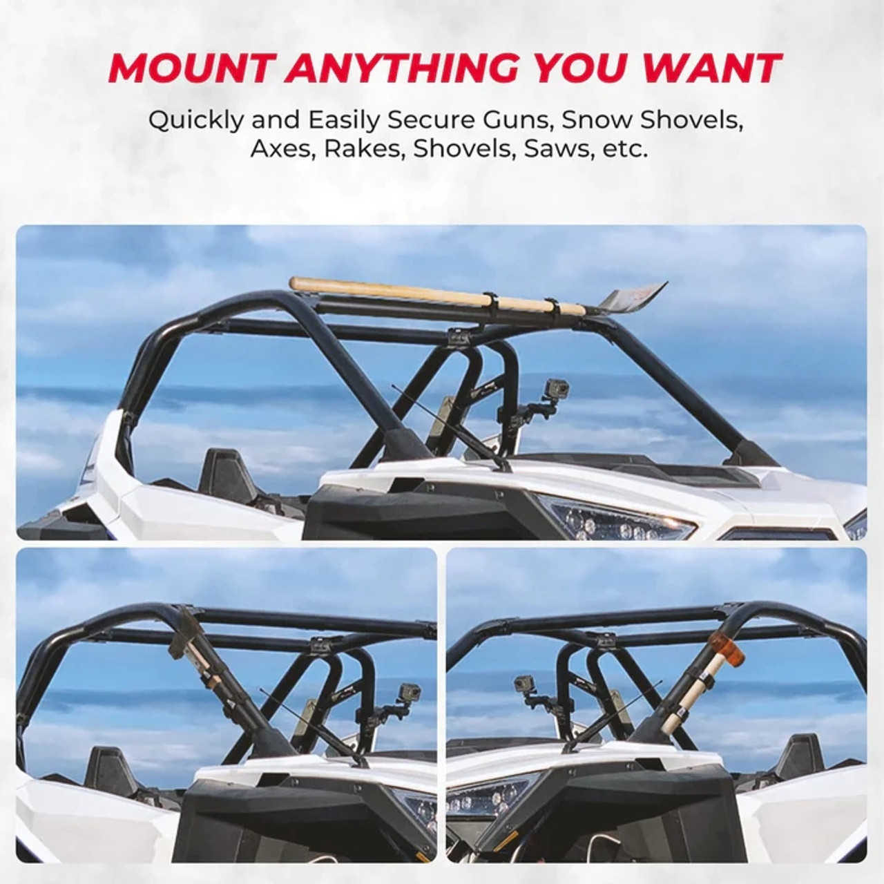 A side-by-side image of three pictures, showing various mounting locations and configurations for a Polaris General roof rack.
