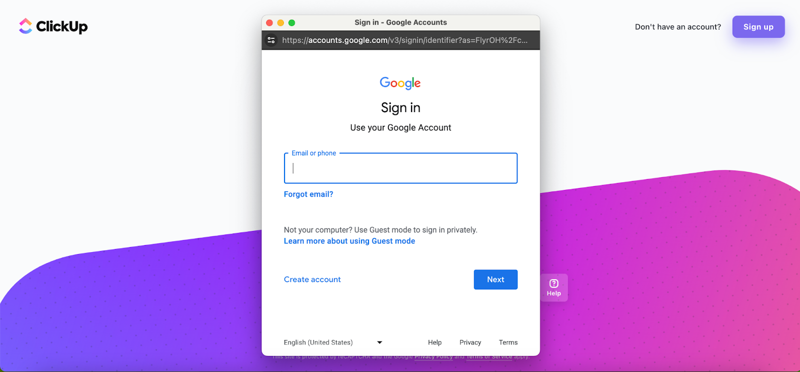 ClickUp login with Google