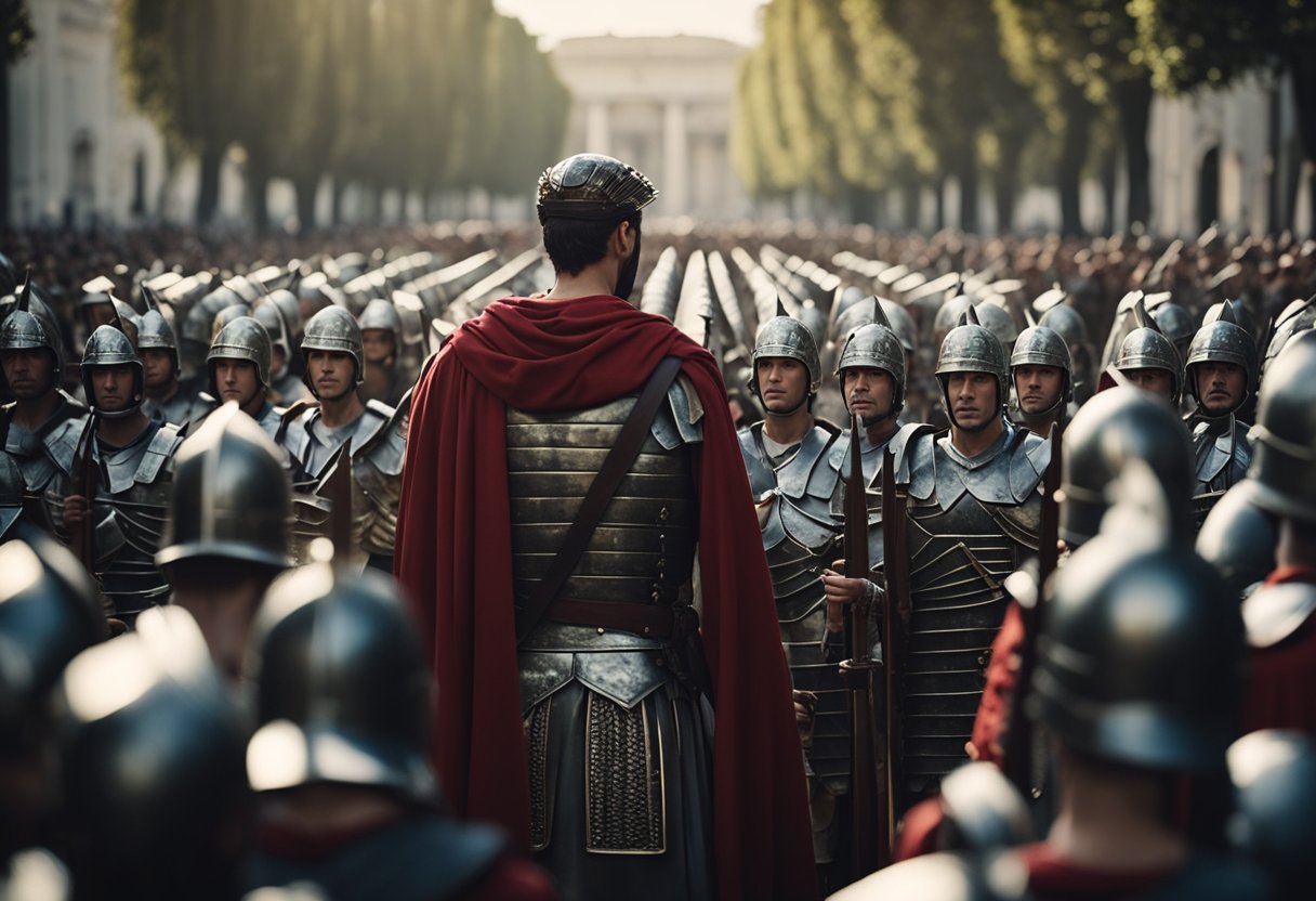 A figure stands before a crowd, surrounded by Roman soldiers. The atmosphere is tense, with a sense of impending doom