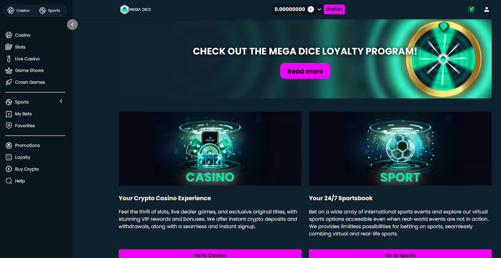 Mega DIce’s homepage with links to the casino and sports section