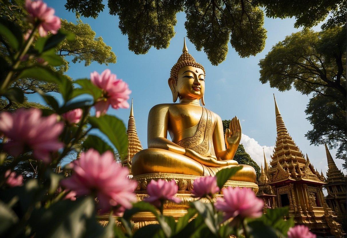 A colorful Thai temple with ornate architecture and a glowing golden Buddha statue as the focal point. Surrounding the temple are lush green trees and vibrant flowers, with a clear blue sky overhead