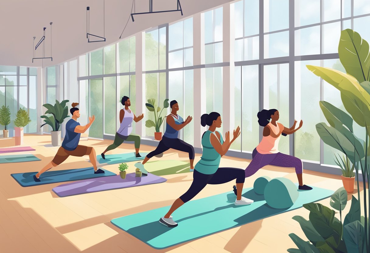 Employees engage in group fitness activities in a bright, modern gym with large windows and plants. A wellness coach leads a yoga session while others use cardio machines