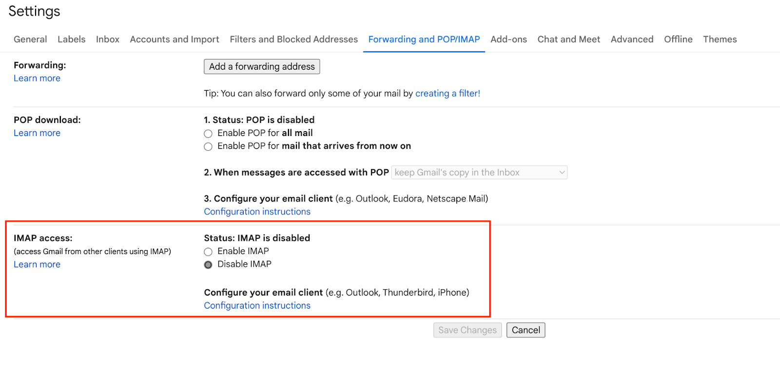 Configurações de habilitar IMAP do Gmail