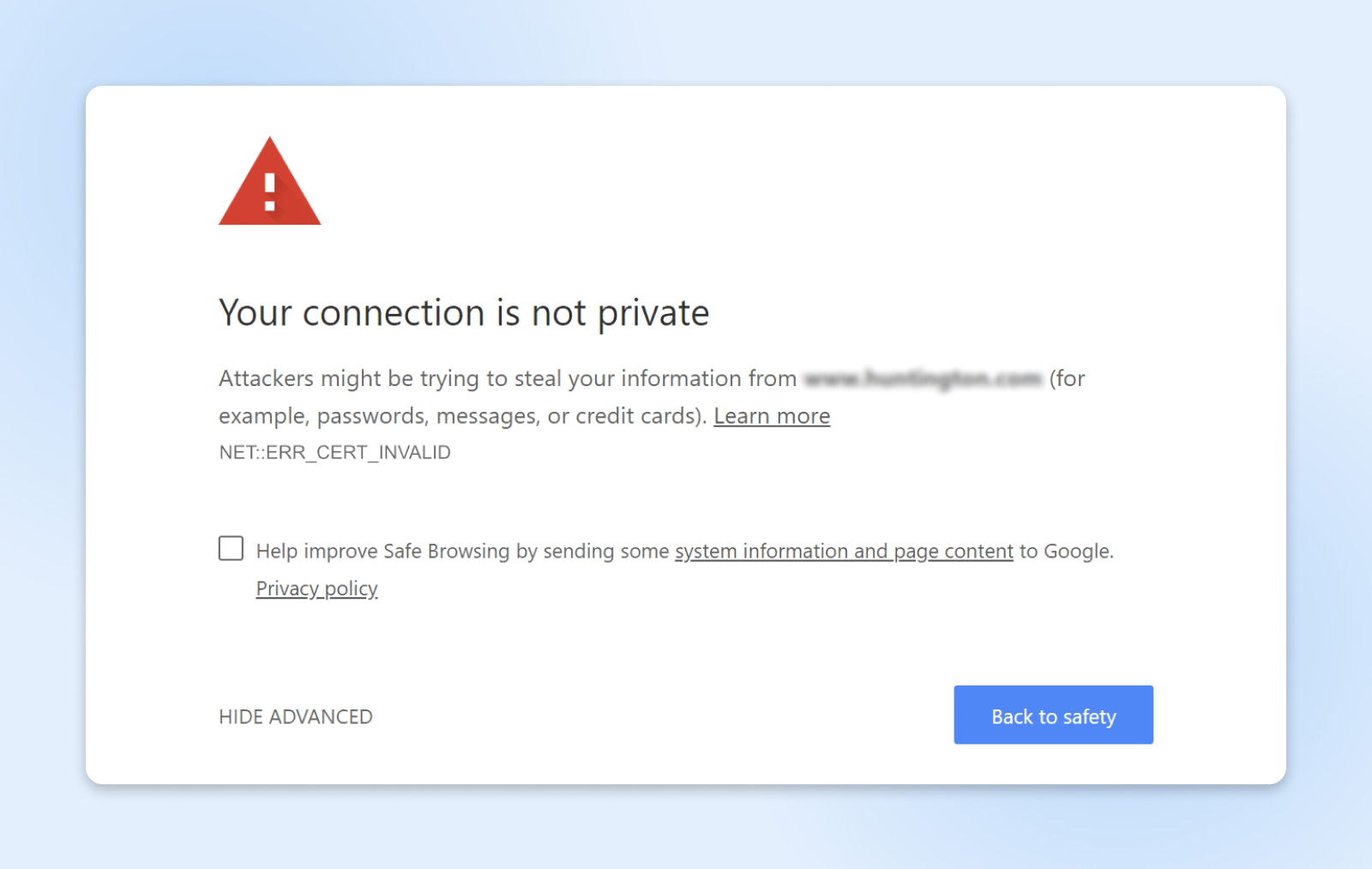 Error de conexión no privada como se muestra en Chrome