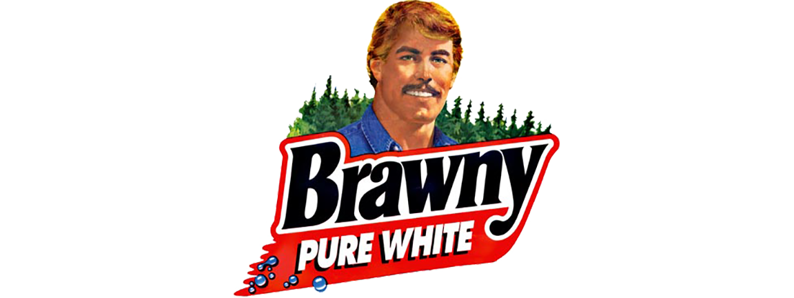 An isolated section of BRAWNY artwork featuring a 70s-looking dude with a moustache and the label reads BRAWNY PURE WHITE