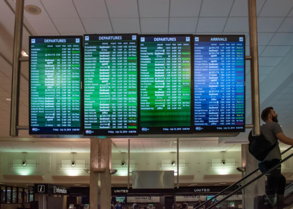 Departure and arrivals digital boards hanging at the airport. 