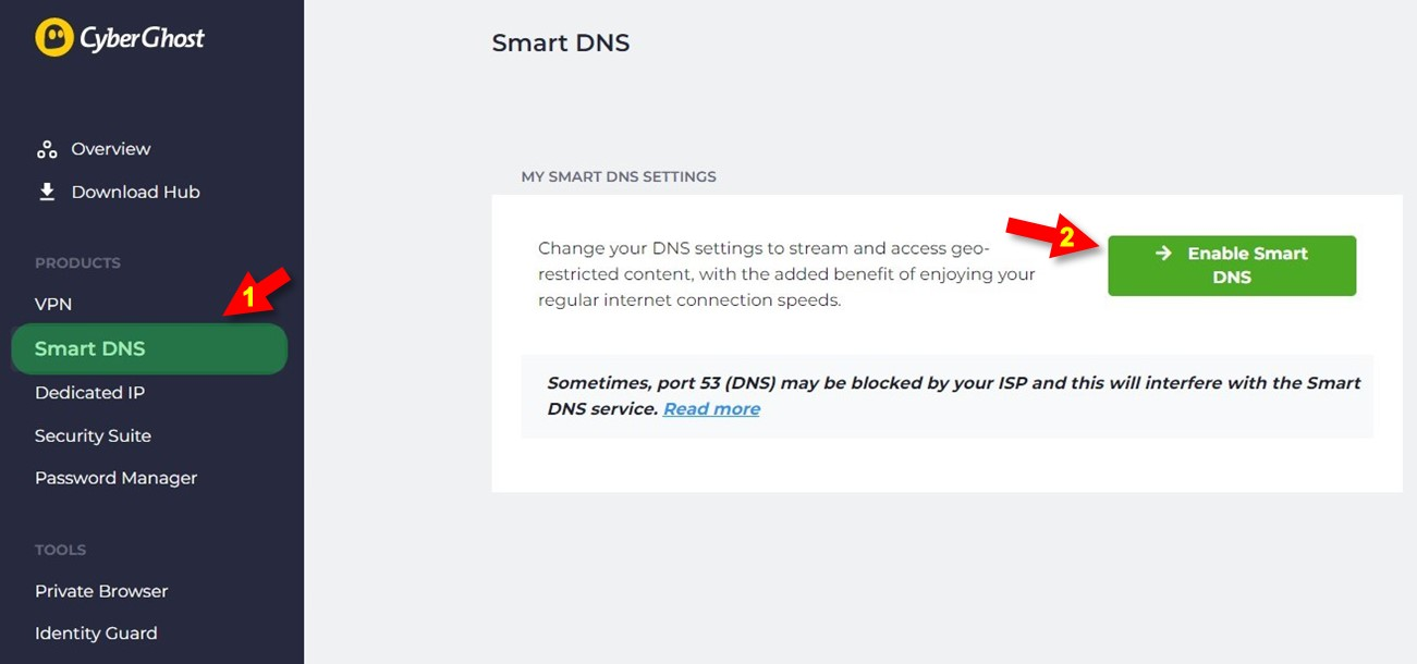 CyberGhost Account Dashboard - Smart DNS