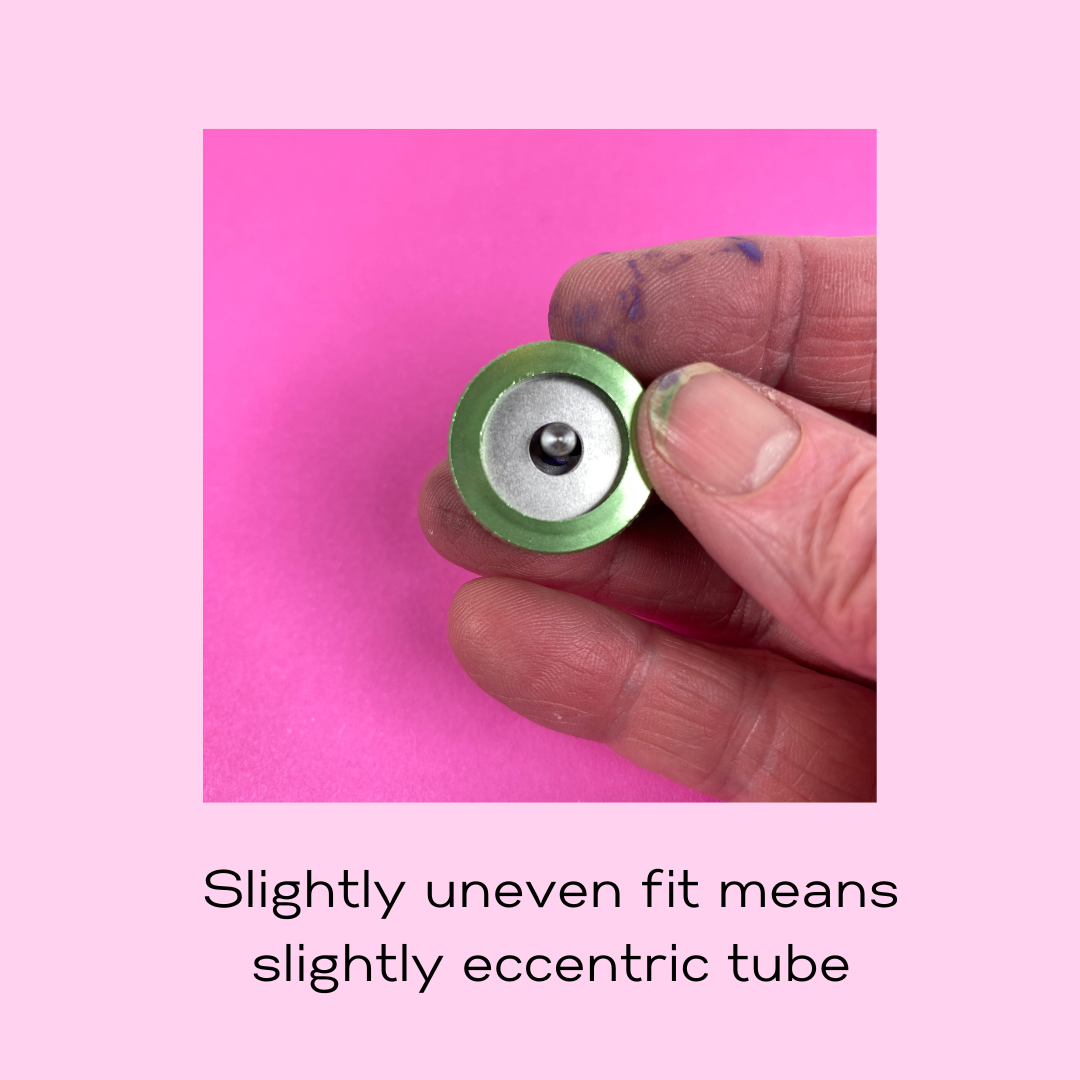 Photo showing the template, end cap and hollow tube adapter on the extruder.