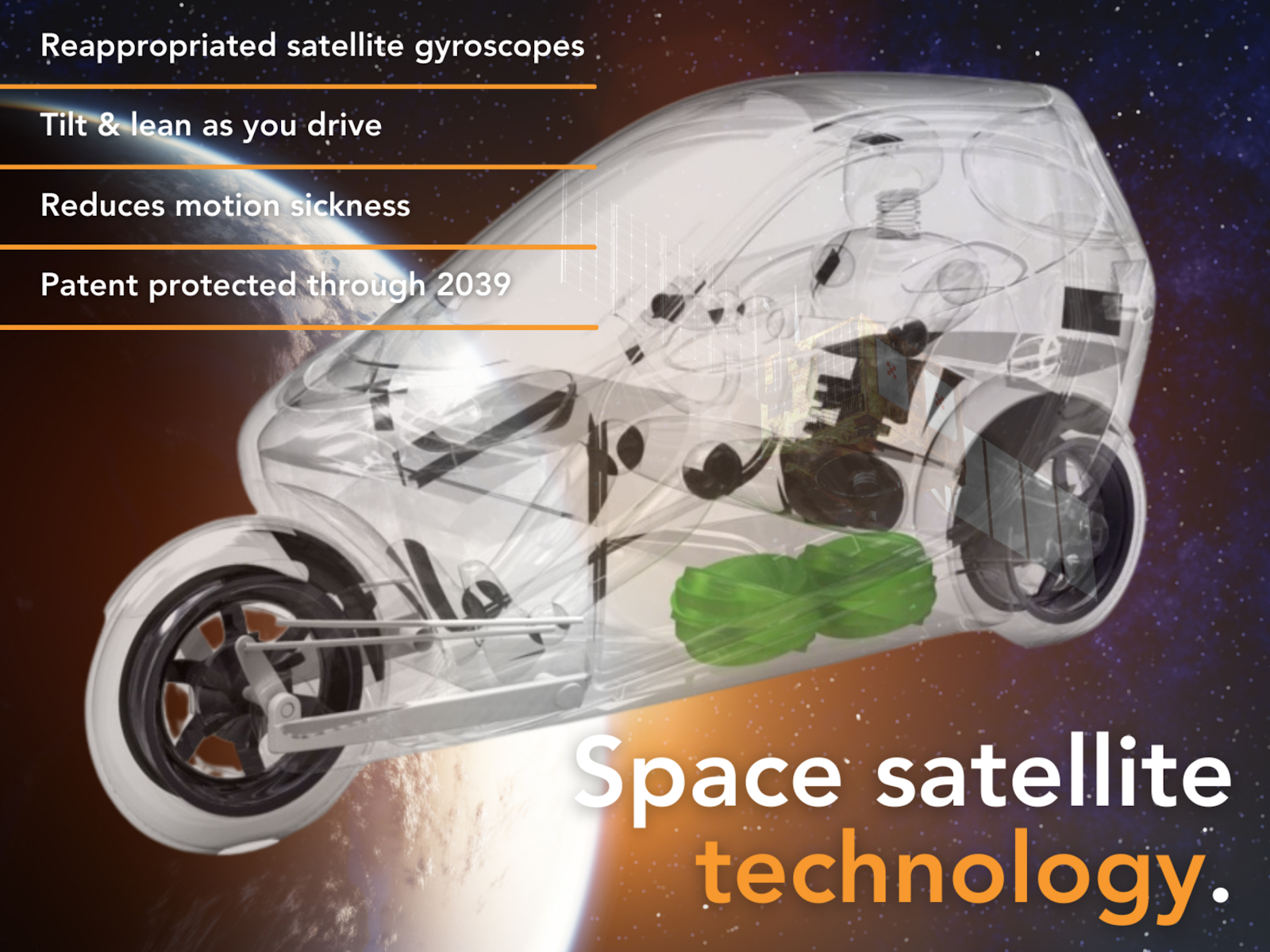 Space satellite technology. Photo of a see-through version of the AEV with gyroscopes highlighted in green, over a space background.