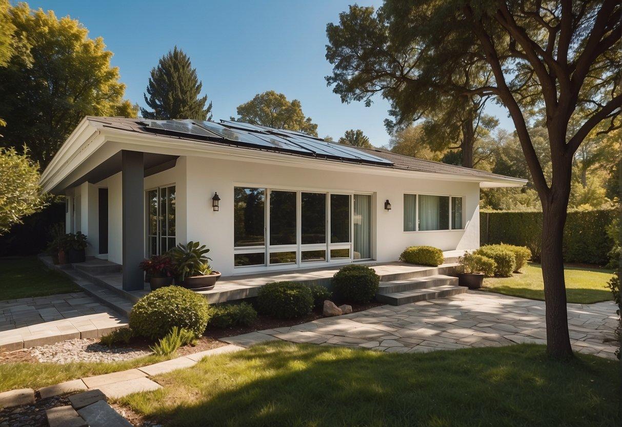 A house with a newly upgraded roof, surrounded by trees and under a clear blue sky. The upgraded roof stands out with its modern design and high-quality materials