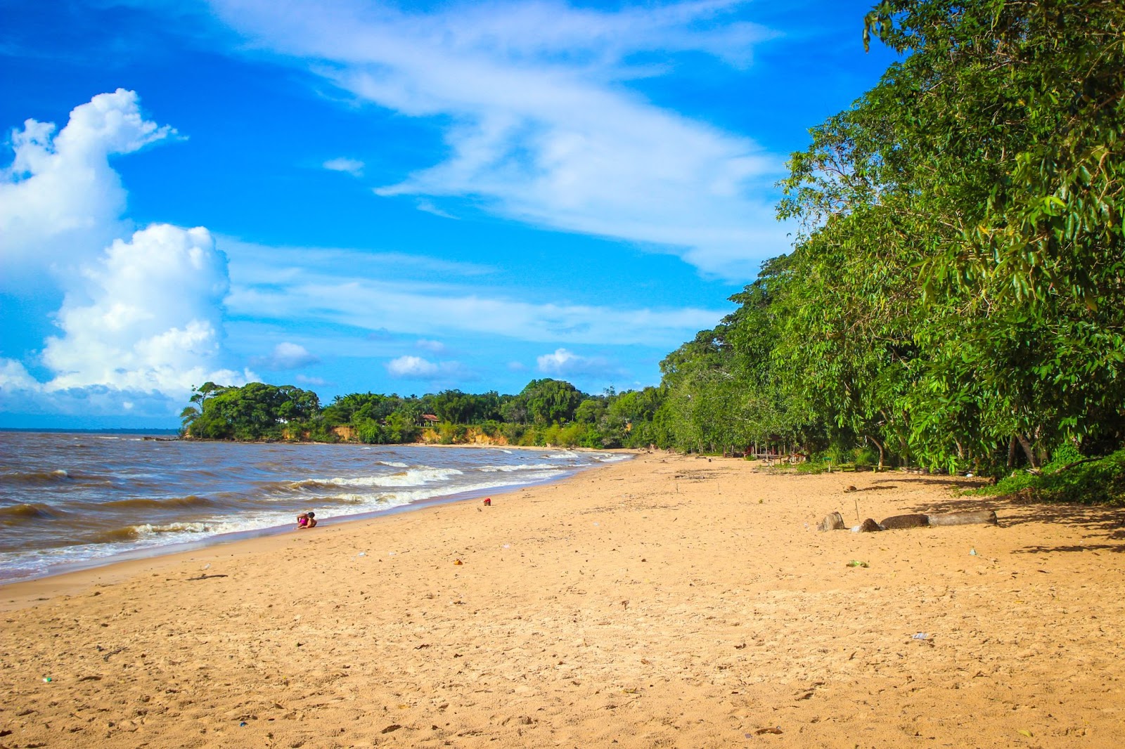 Ilha do Mosqueiro, Belém. A faixa de areia dourada é limitada pelas águas escuras e tranquilas do rio e por um trecho de mata verde. O céu está azul e tem poucas nuvens