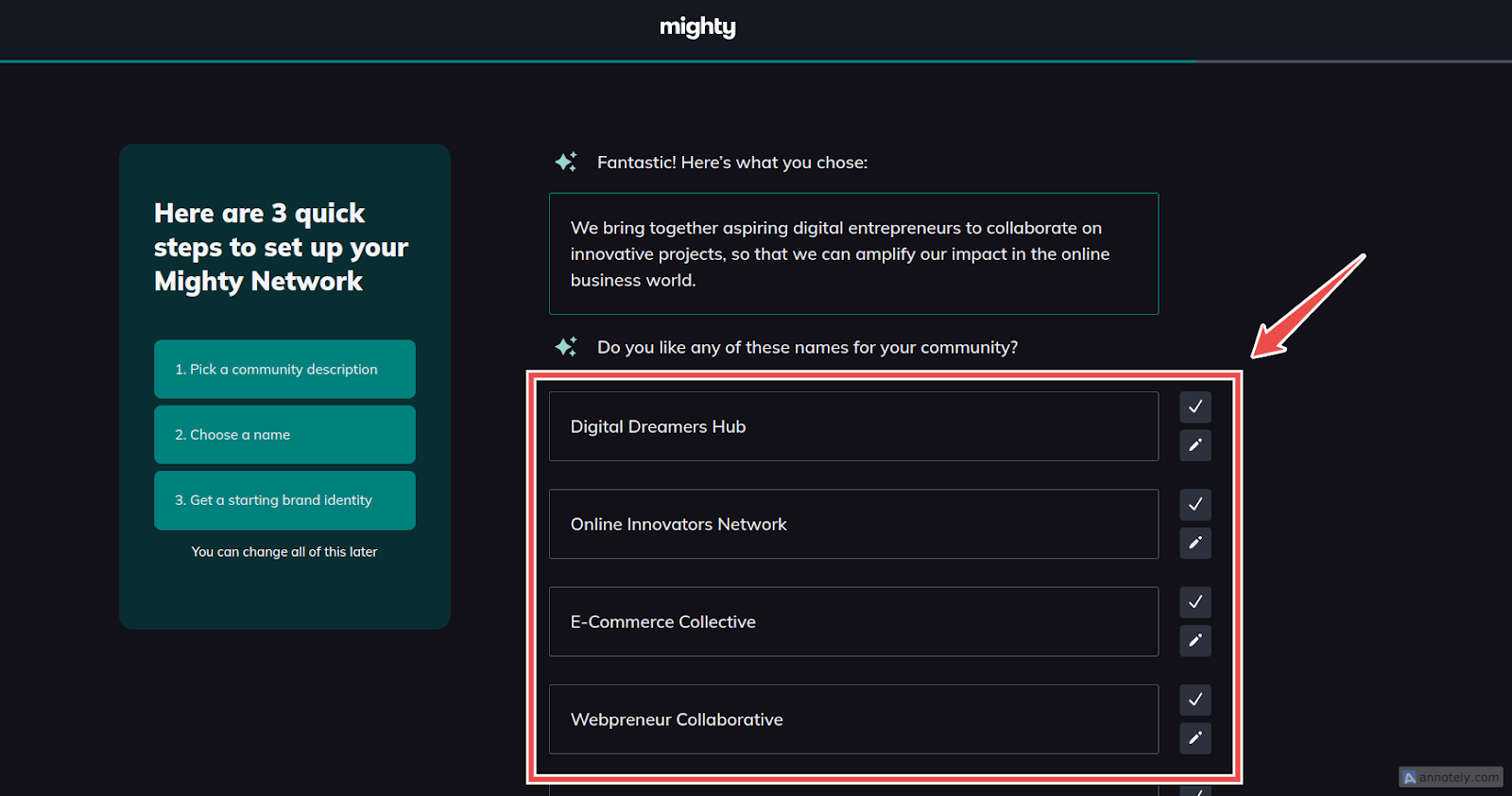 community name generated using Mighty Networks AI