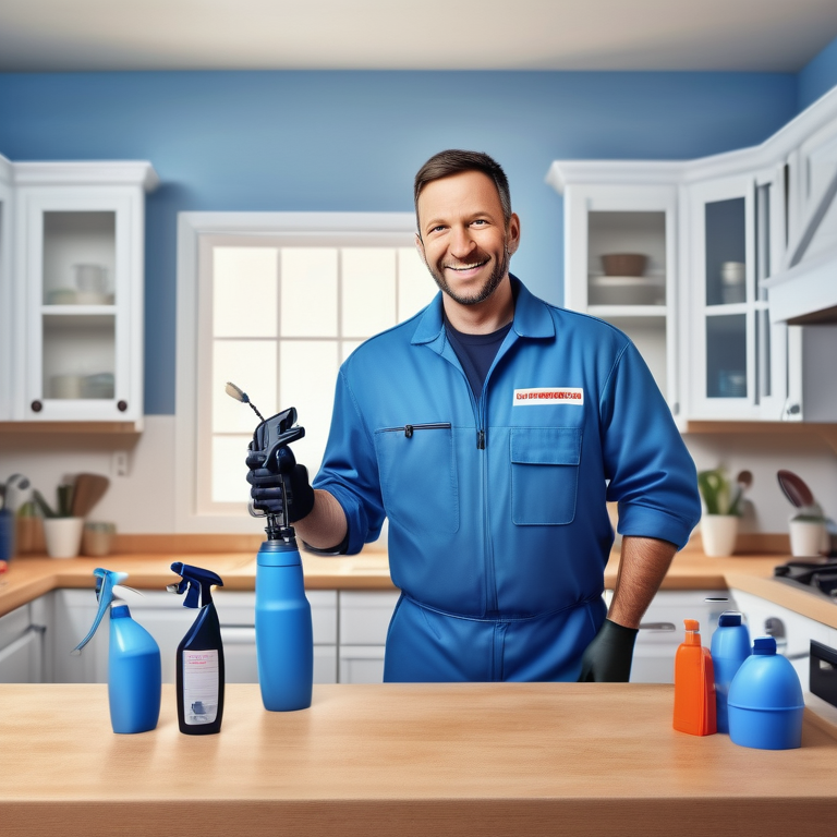 Professional exterminator in blue uniform smiling in a pest-free kitchen with cartoon pests escaping.