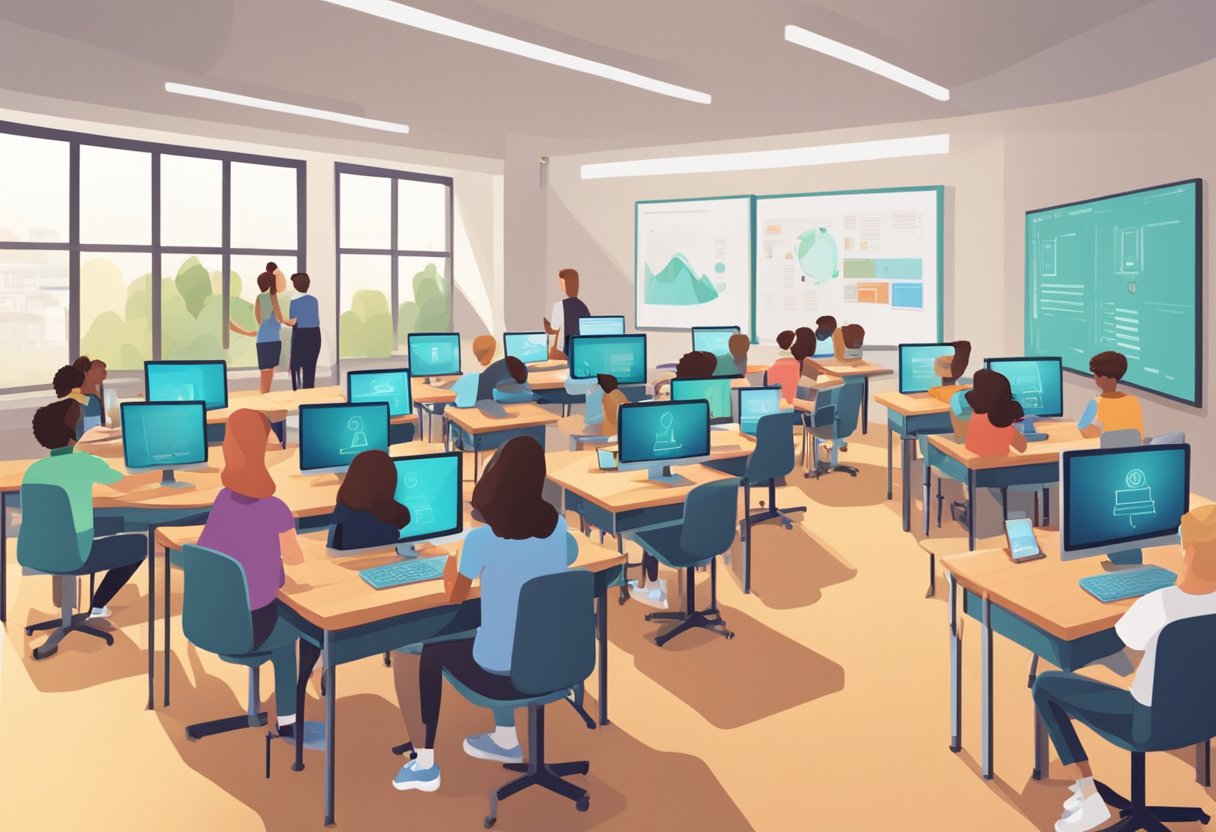 A classroom setting with students using computers to access educational AI websites for learning