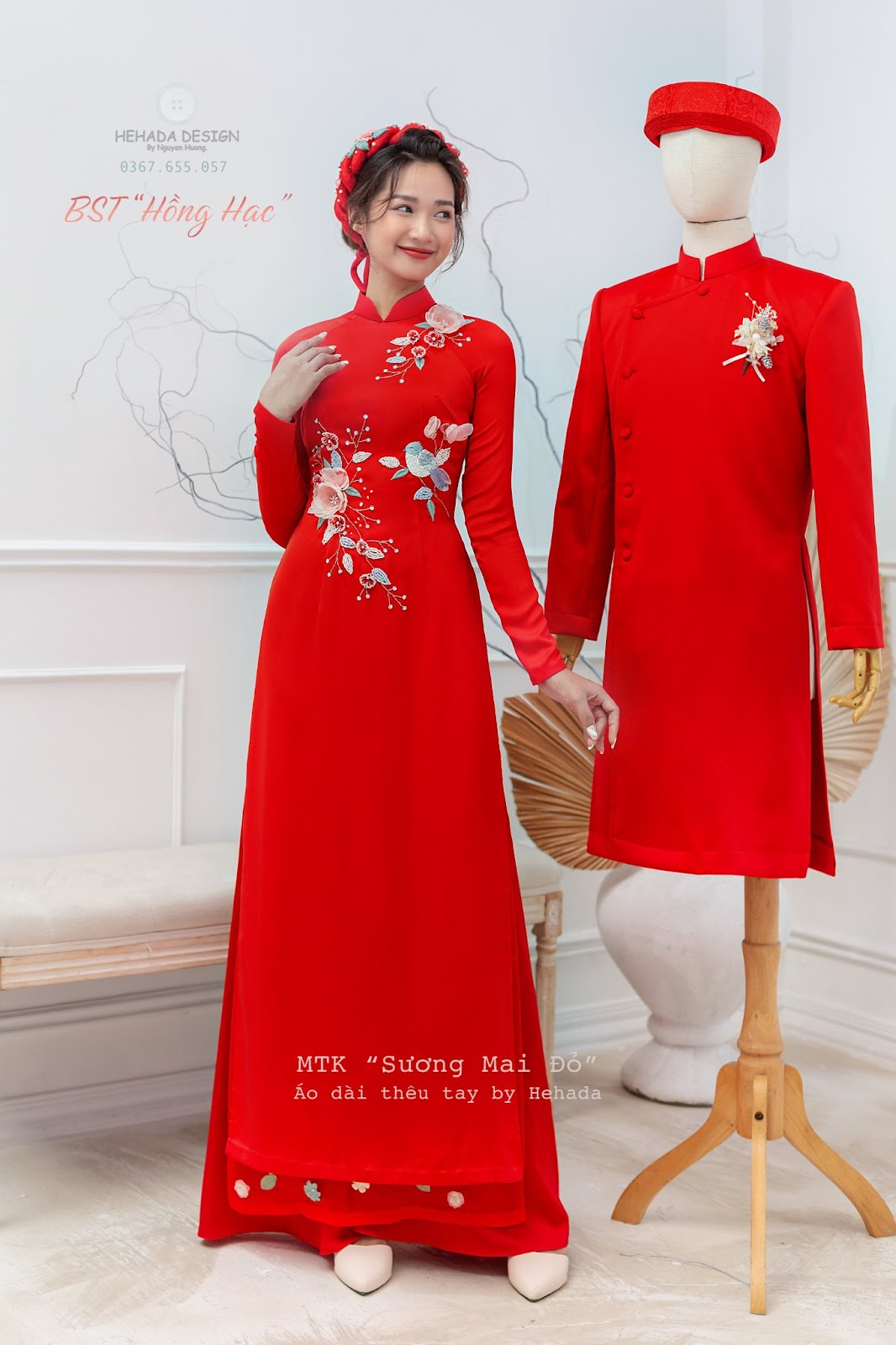 Cặp áo dài cô dâu chú rể Sương Mai Đỏ