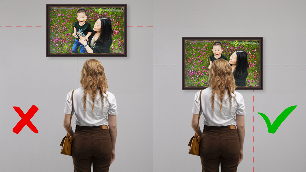 Painting hanged at a wrong and at a correct height in front of woman