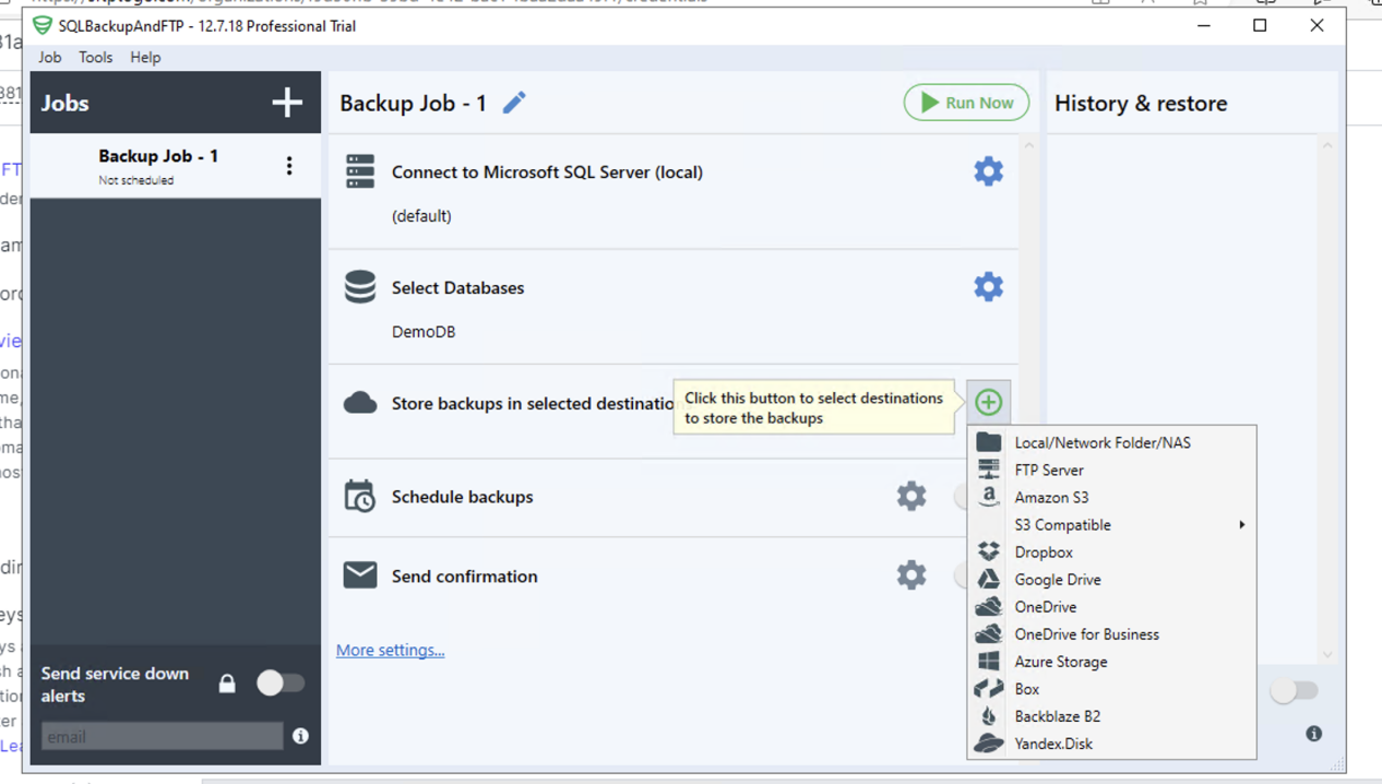 Selecting your backup storage location via the SQLBackupAndFTP Job tab