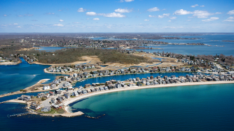 Aerial view of a coastal city