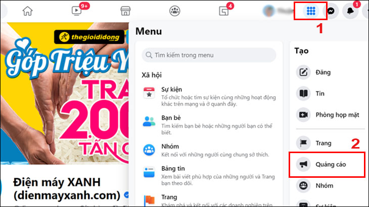 Tại trang Facebook cá nhân, chọn mục quảng cáo tại giao diện.