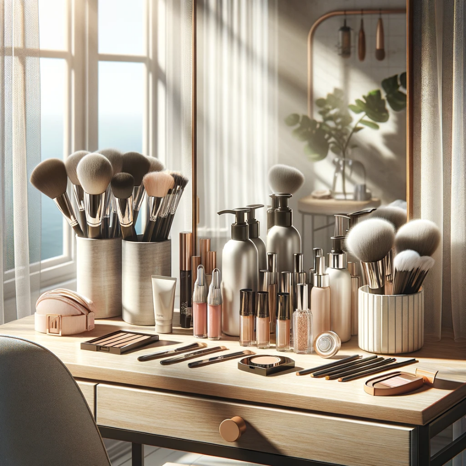 A makeup table with makeup brushes and other makeup products
