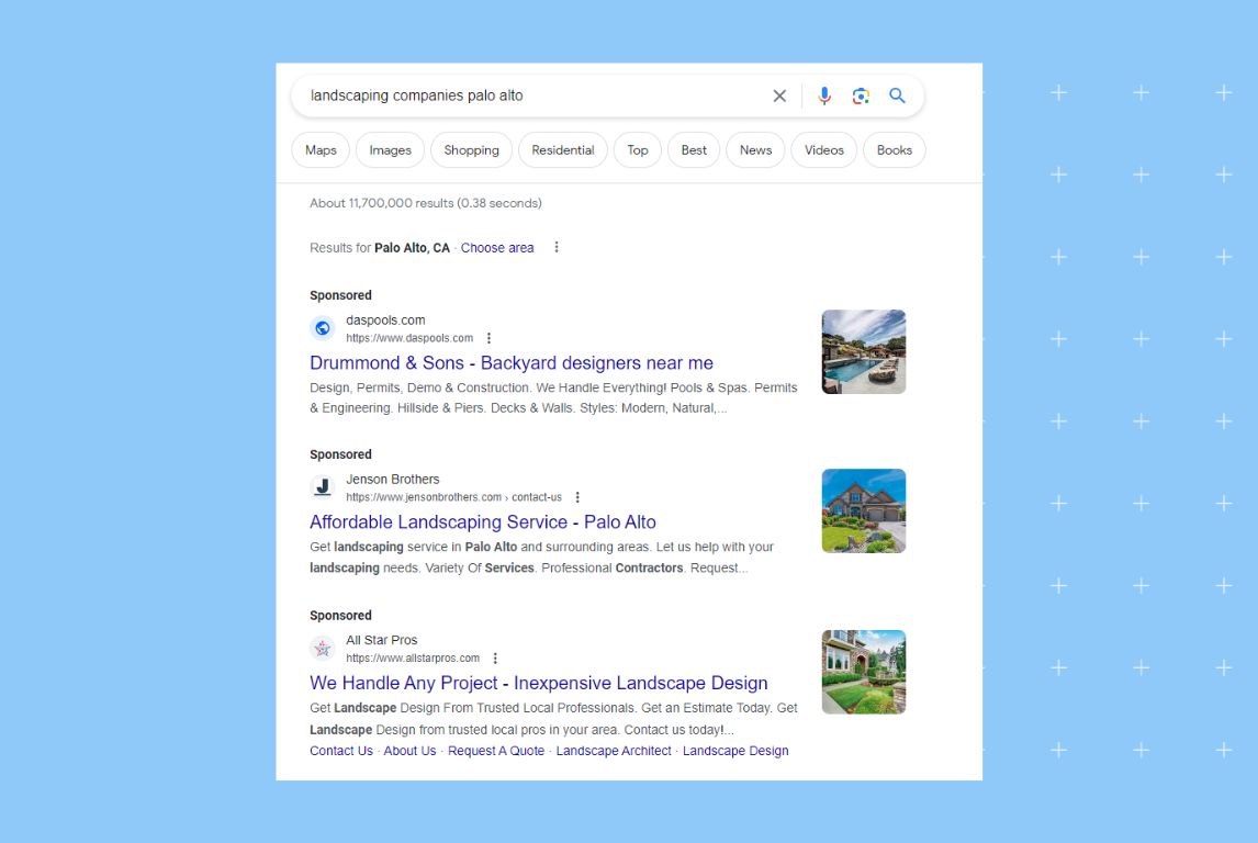 Image shows sample search results for sponsored ads for a lawn care business
