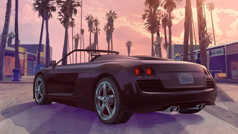 A piece of advertising art work illustrating a vehicle from Grand Theft Auto V. 