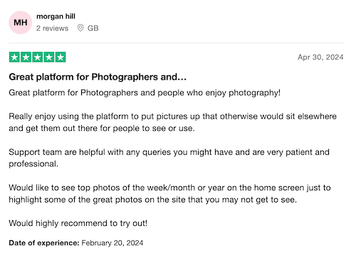 A 5-star Trustpilot ClickaSnap review from a user who likes the platform and the customer support and recommends a photos of the week, month, or year feature to draw attention to some of the best photos. 