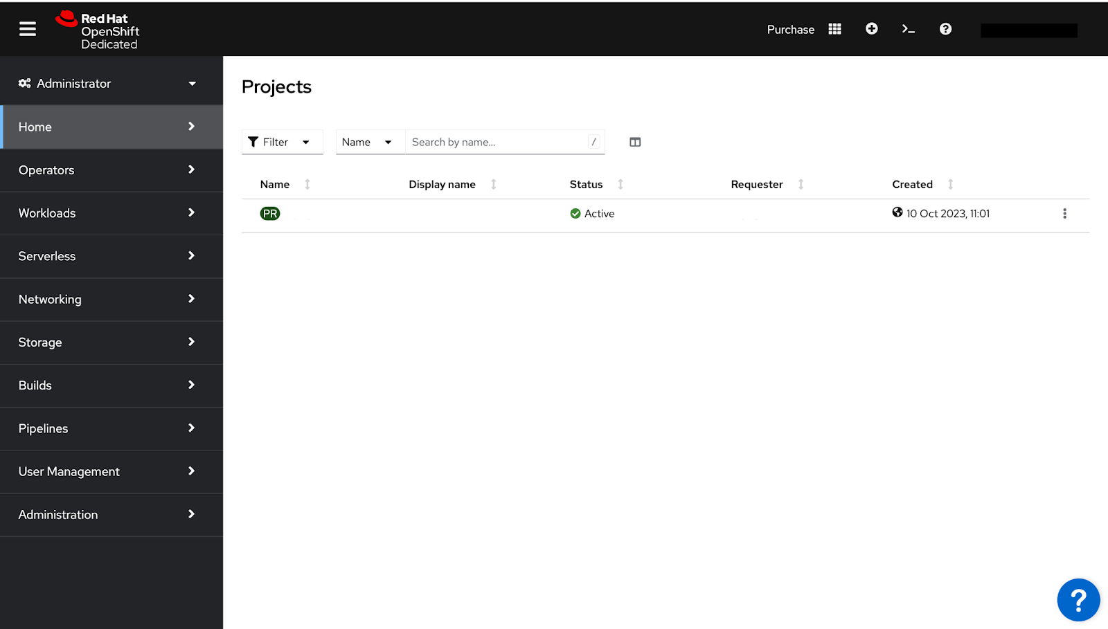 Red Hat OpenShift Administrator view, listing each project's name, display name, status, requester, and creation date.