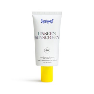 Supergoop Unseen SPF 40 white tube with yellow cap on white background
