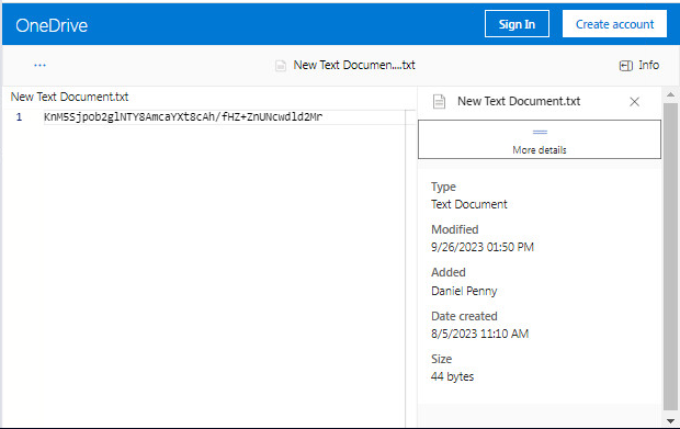 Metadata of OneDrive file containing the encrypted C2 server