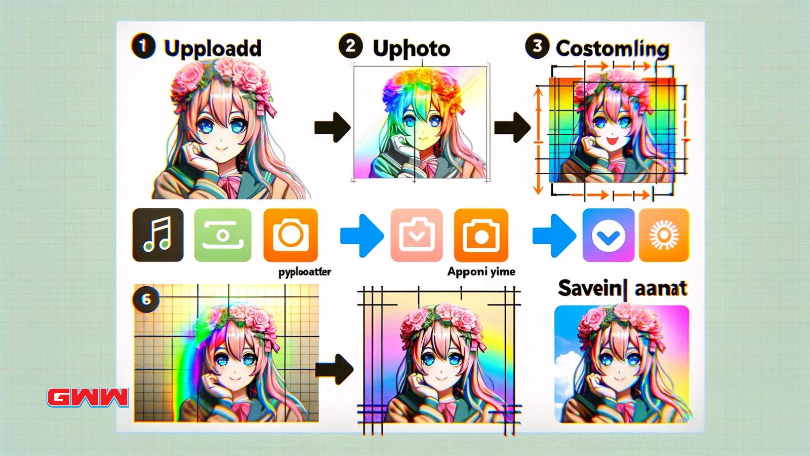 Anime filter process: uploading, applying, customizing, saving.
