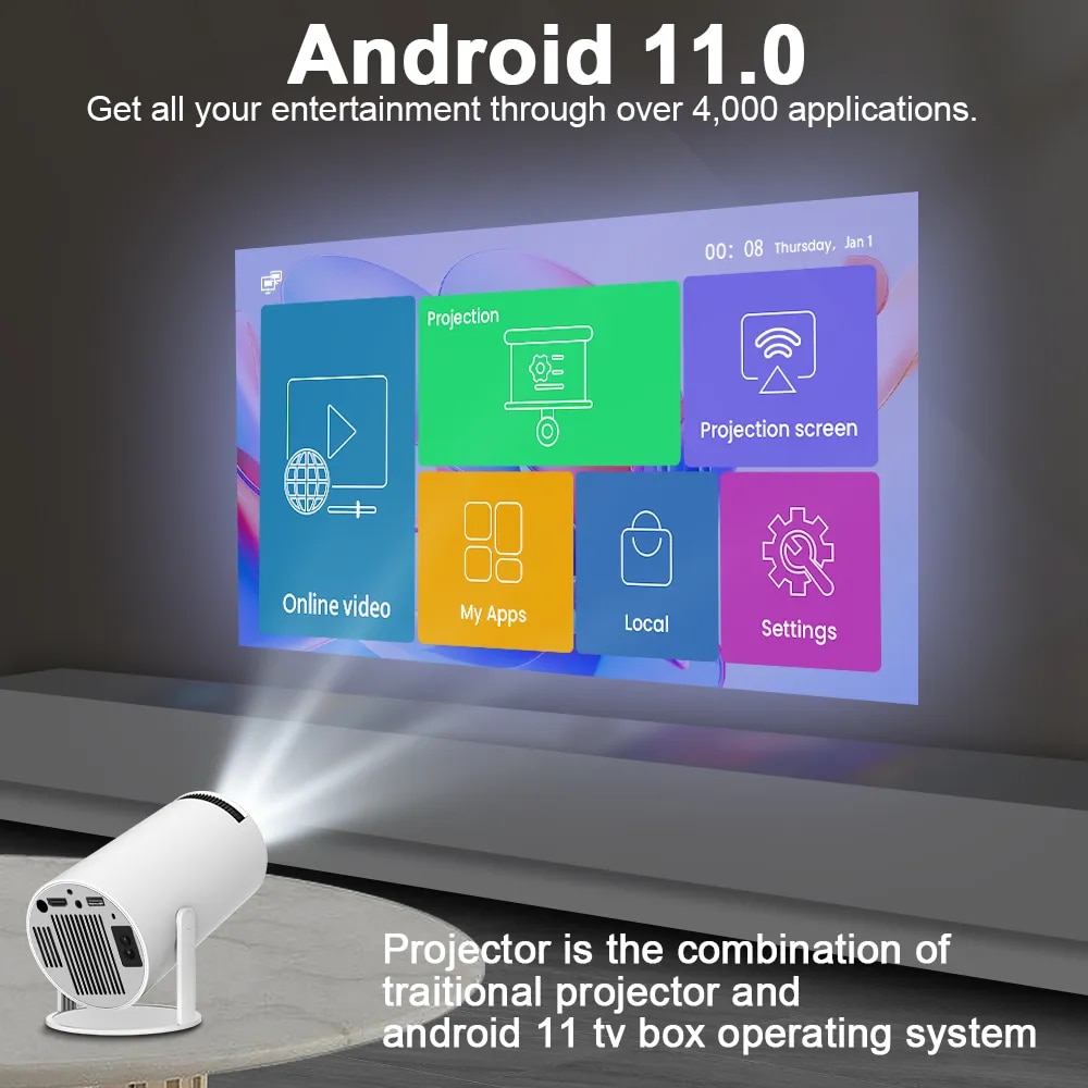 Portable Projector Hy300 4K Android11 Dual Wifi 200 ANSI Support Android  iOS/Mac