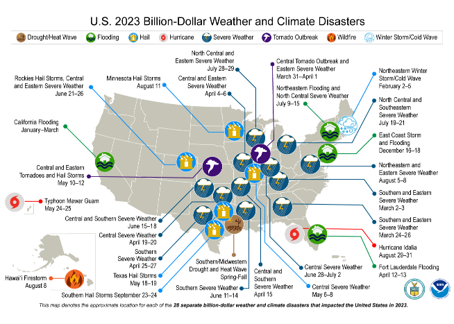 A map of the U.S. plotted with 28 weather and climate disasters each costing $1 billion or more that occurred between January and December, 2023.