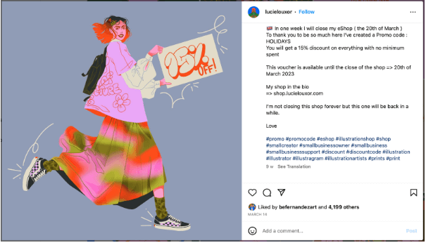 A screenshot of a post on Instagram of a cartoon woman jumping with a sign