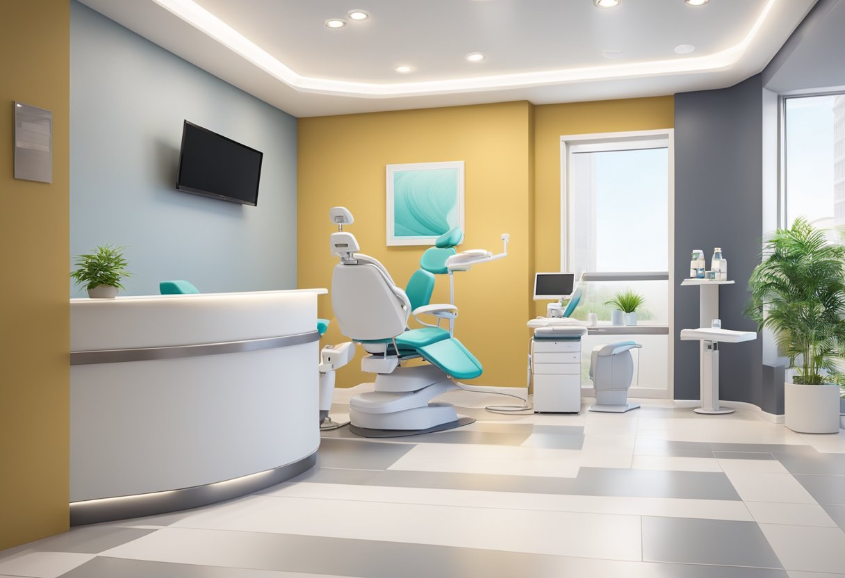A modern dental clinic with clean, white walls, comfortable seating, and state-of-the-art equipment. A reception desk with friendly staff welcomes patients